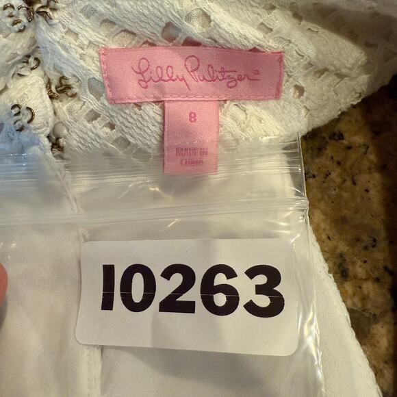 Lilly Pulitzer 8 Calera Jungle White Lace Gold Beaded Shift Dress Preppy Vaca - Picture 9 of 9